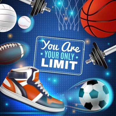 Sport inventory colorful poster with basketball soccer rugby tennis balls and sneaker vector illustration