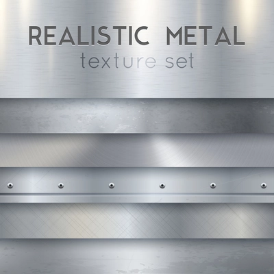 Metal texture realistic sheets horizontal banners set of panels surface finish patterns samples with rivets vector illustration