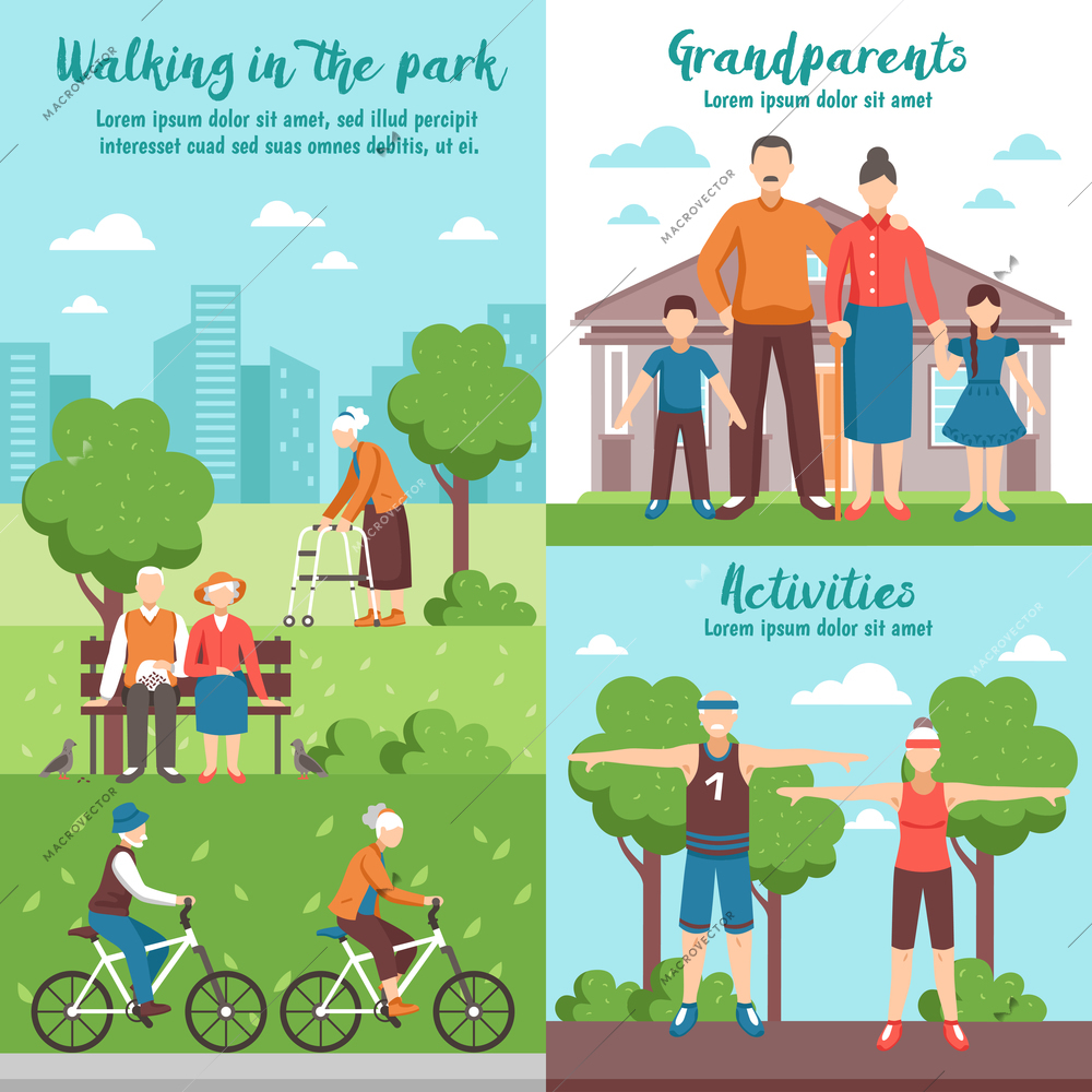 Conceptual composition of active senior people banners with flat faceless characters walking park outdoor sport activities vector illustration