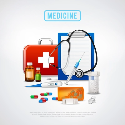 Medical realistic background with first aid box thermometer binaural stethoscope pills vials and syringe with text vector illustration