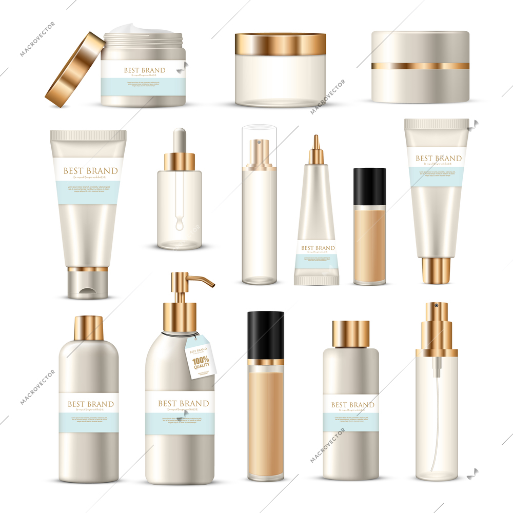 Cosmetic package collection of isolated beauty product images creams lotions with golden and silver  branding decoration vector illustration