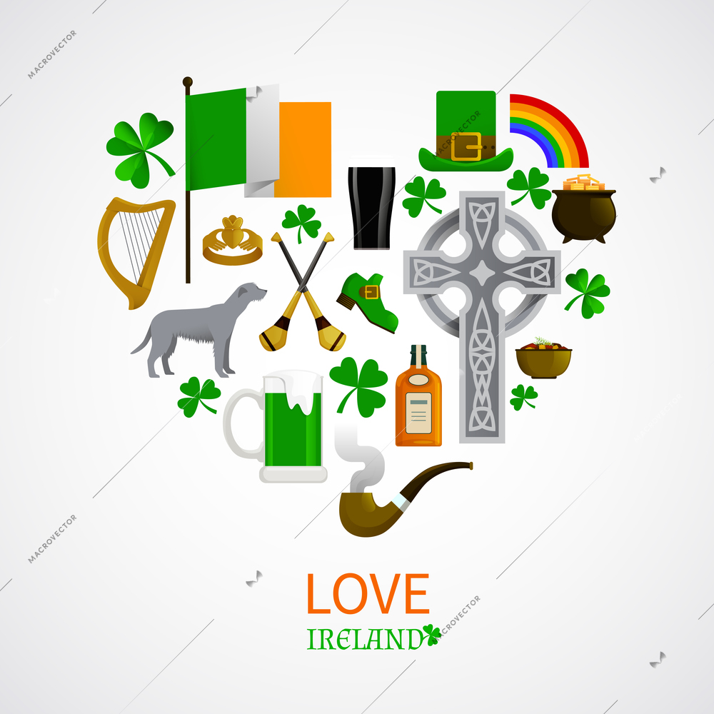 Ireland national traditions icons composition with shamrock leprechaun whisky harp irish terrier vector illustration