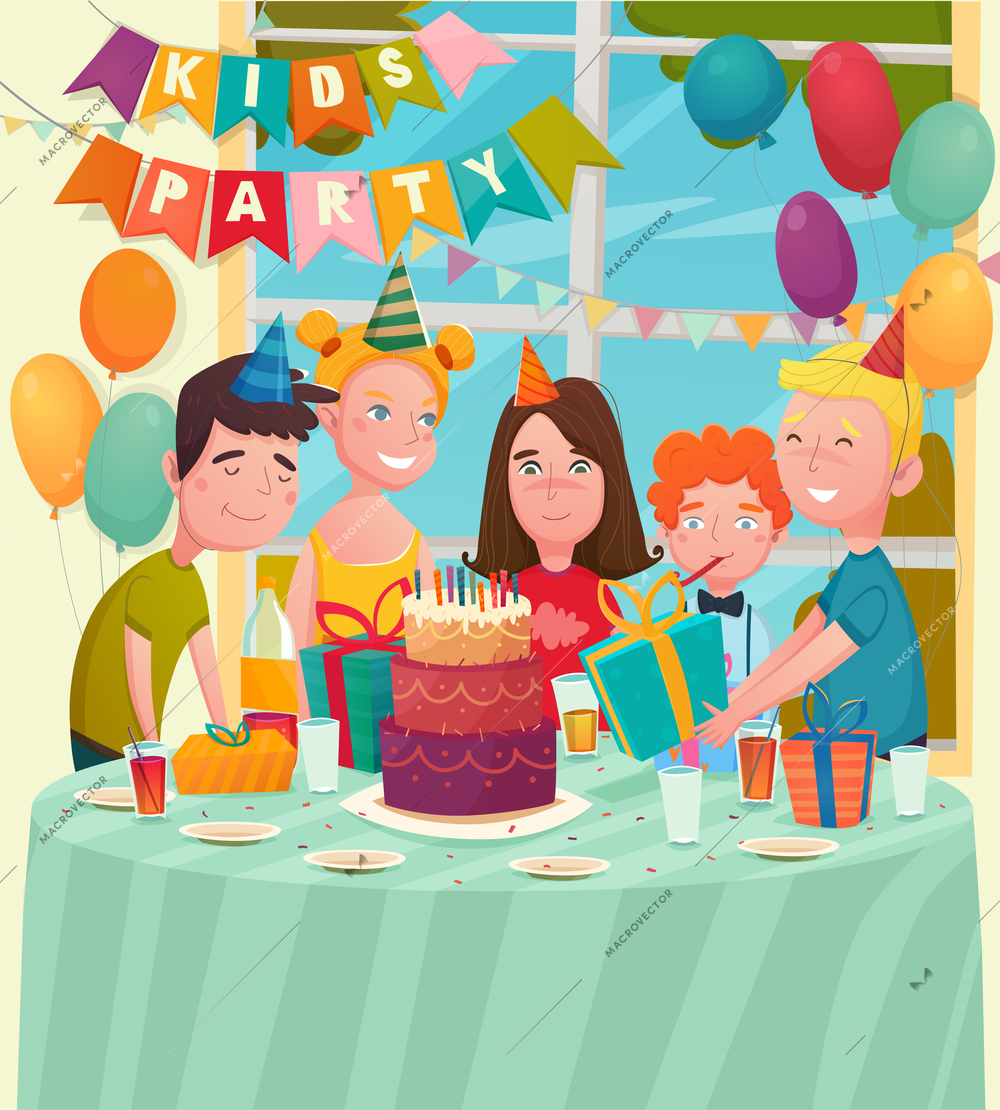 Kids birthday party background with flat characters of five happy children at festive table with balloons vector illustration