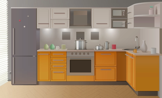 Orange modern kitchen interior with furniture and stylish create for exhibition sample vector illustration