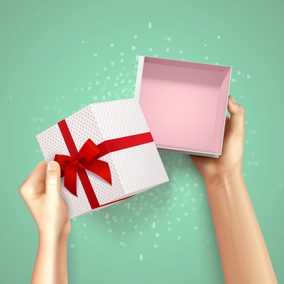 Hands holding gift box top view realistic background with square carton and red fillet with bow vector illustration