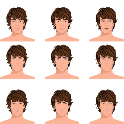 Young dark hair man emotions range of angry puzzled surprised alert and happy head portraits collection isolated vector illustration