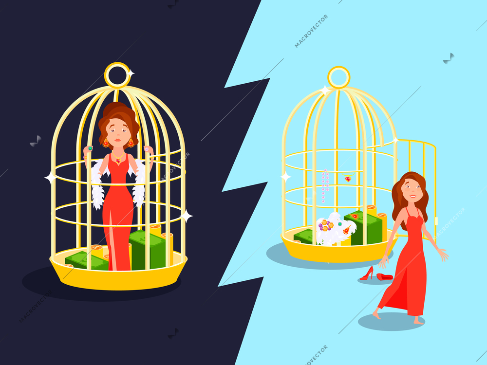 Marriage convenience golden cage love composition with unhappy woman cartoon character inside and outside the birdcage vector illustration