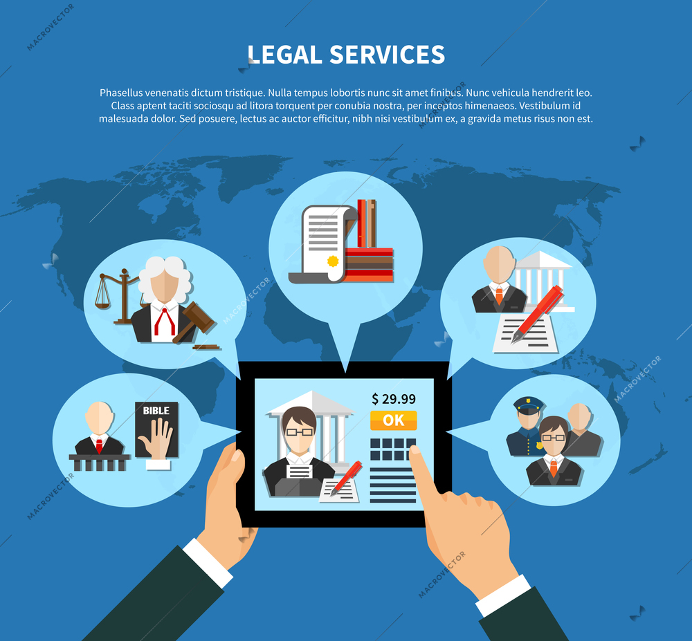 Colored flat information about law in app or in internet sites composition vector illustration