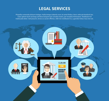 Colored flat information about law in app or in internet sites composition vector illustration