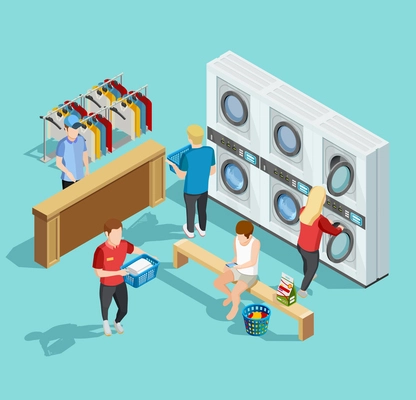 Self service coin public laundry facility interior with customers washing and drying clothes isometric poster vector illustration