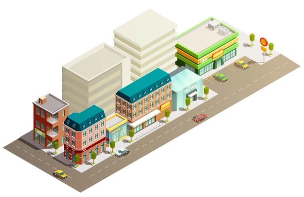 Many storeyed urban store buildings in street with few cars isometric concept on white background vector illustration