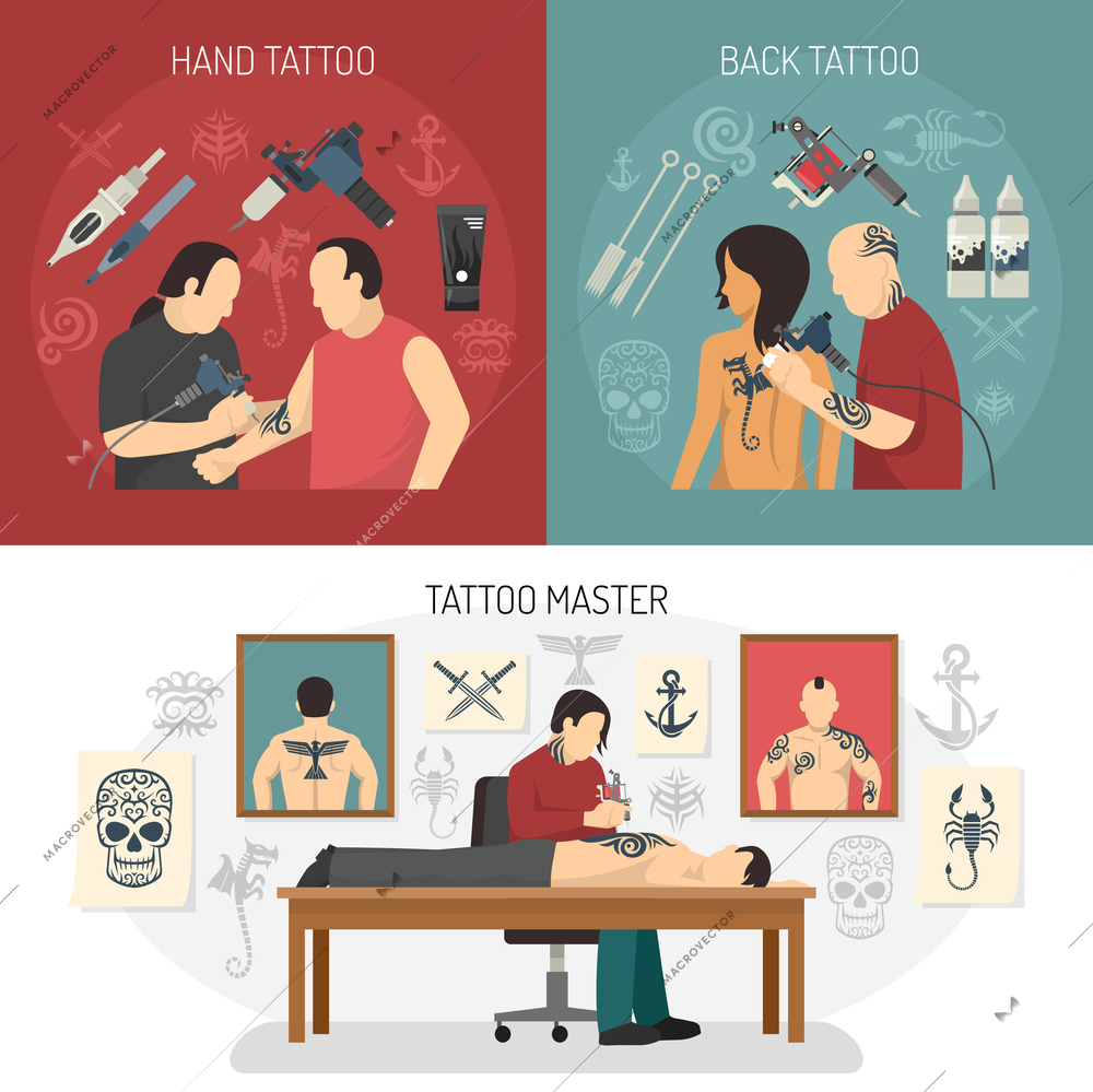 Three flat tattoo studio design concept set with hand and back tattoos and master descriptions vector illustration