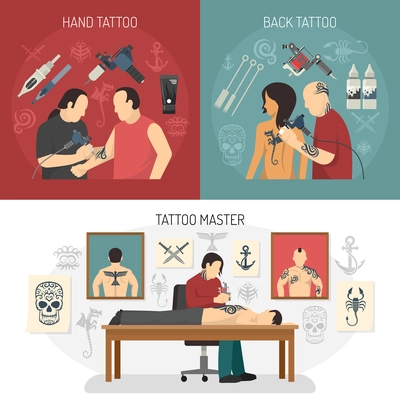 Three flat tattoo studio design concept set with hand and back tattoos and master descriptions vector illustration