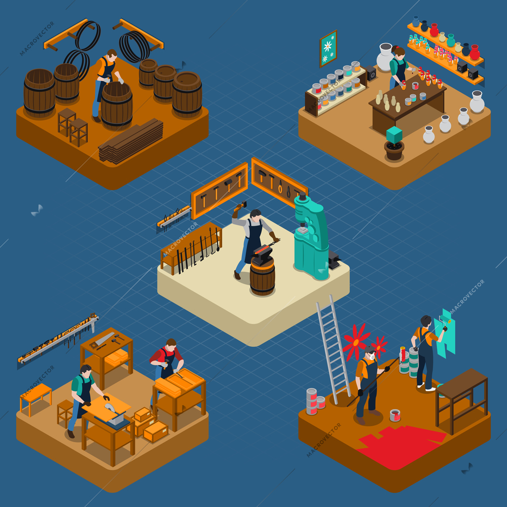 Craftsman isometric composition with creation of casks blacksmith carpentry house painting and design works vector illustration