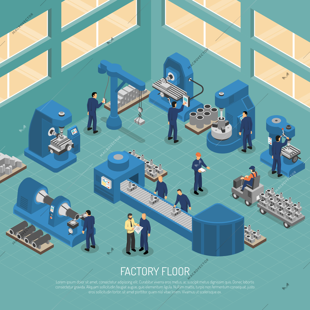 Heavy industry production manufacturing process with workers and equipment machinery on factory floor isometric poster vector illustration