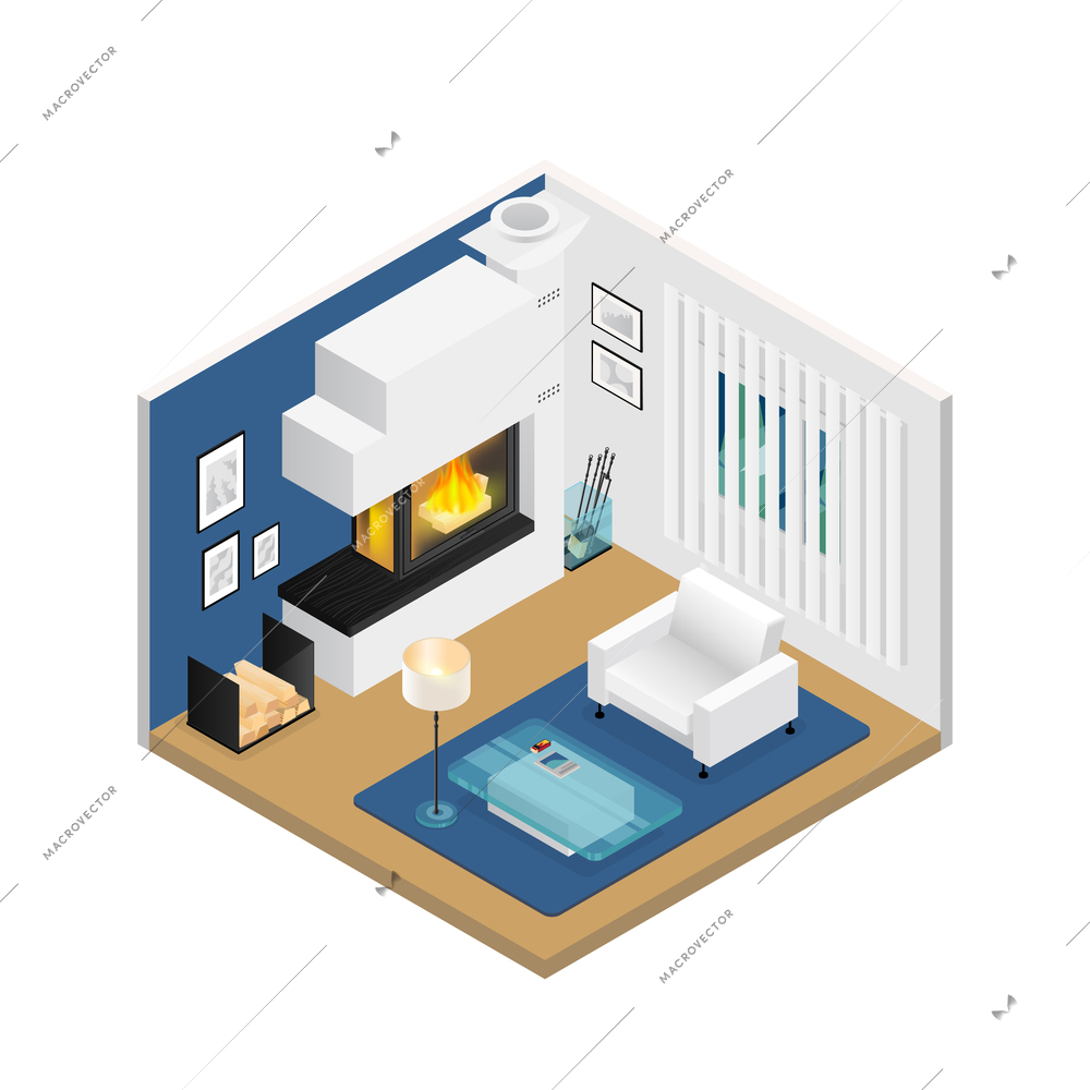 Living room interior with modern fireplace window blind furniture and carpet on beige floor isometric vector illustration