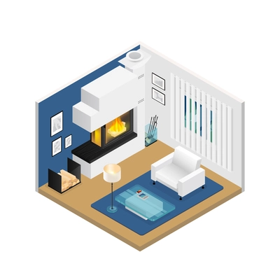 Living room interior with modern fireplace window blind furniture and carpet on beige floor isometric vector illustration