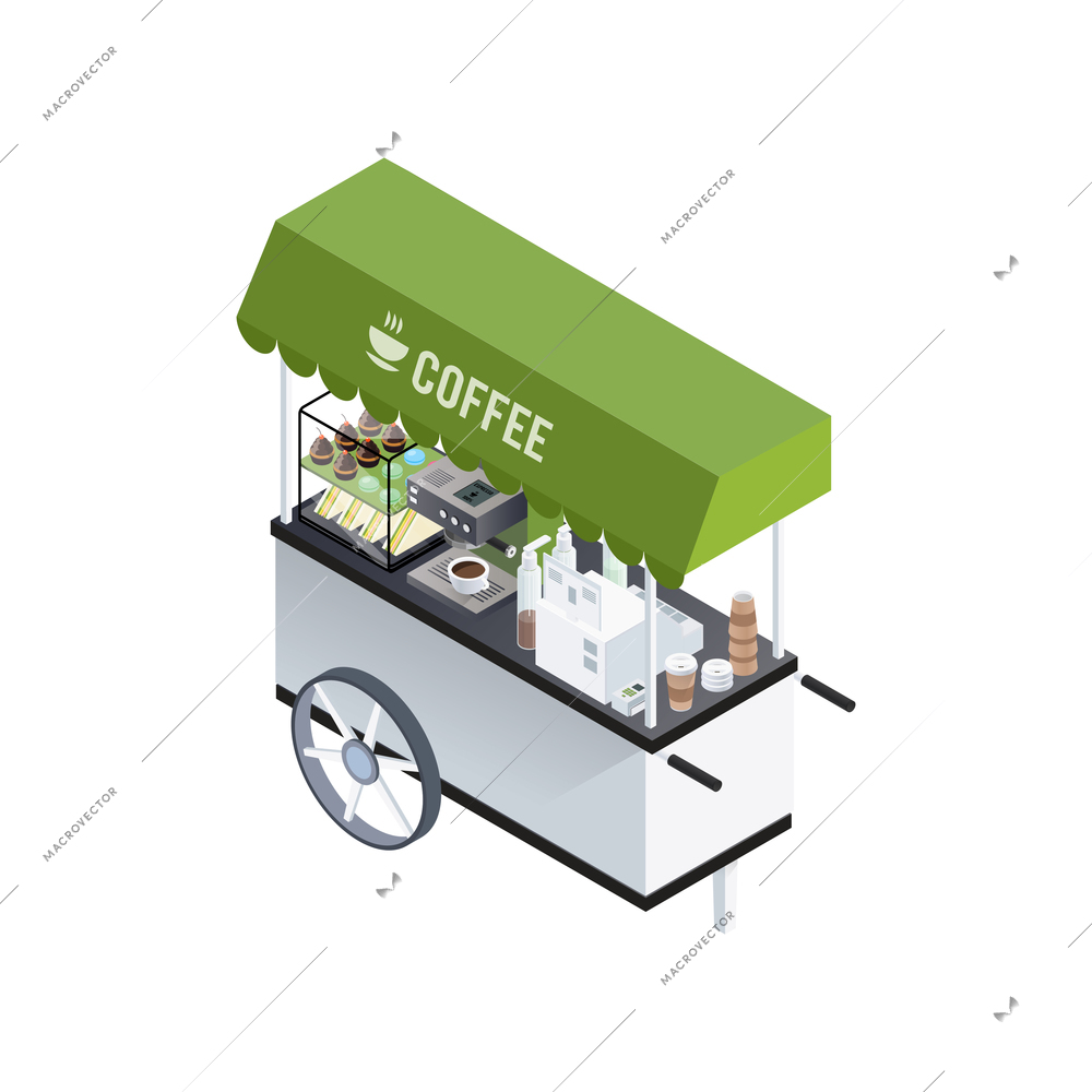 Mobile coffee kiosk composition with isometric image of coffee cart with coffee machine sandwiches and sweet donuts vector illustration