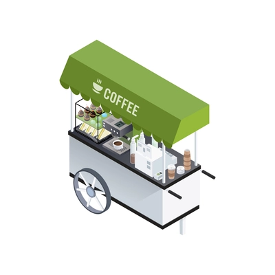 Mobile coffee kiosk composition with isometric image of coffee cart with coffee machine sandwiches and sweet donuts vector illustration