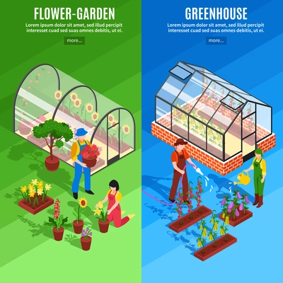 Two vertical greenhouse vertical banner set with flower garden and greenhouse descriptions vector illustration