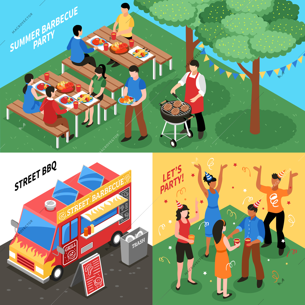 Isometric design concept with summer barbecue street food on grill and festive party isolated vector illustration