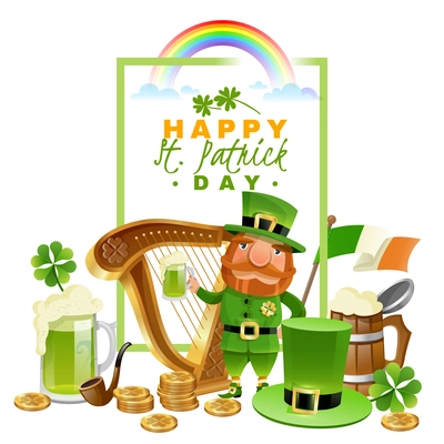Saint Patricks day cartoon concept with harp beer and Irish flag vector illustration