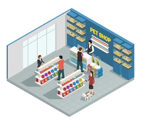 Pet shop composition with customers goods and pets isometric vector illustration