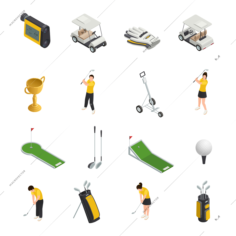 Golf colored isometric isolated icons set of  golfers accessories and equipment for play vector illustration