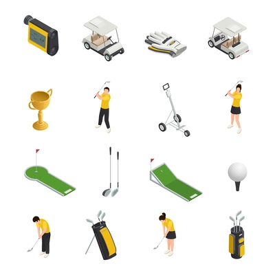 Golf colored isometric isolated icons set of  golfers accessories and equipment for play vector illustration