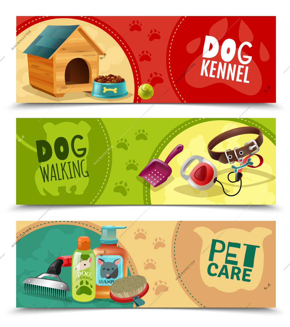 Pet care 3 funny colorful horizontal banners petsshop advertising  bookmarks collection with dog kennel isolated vector illustration