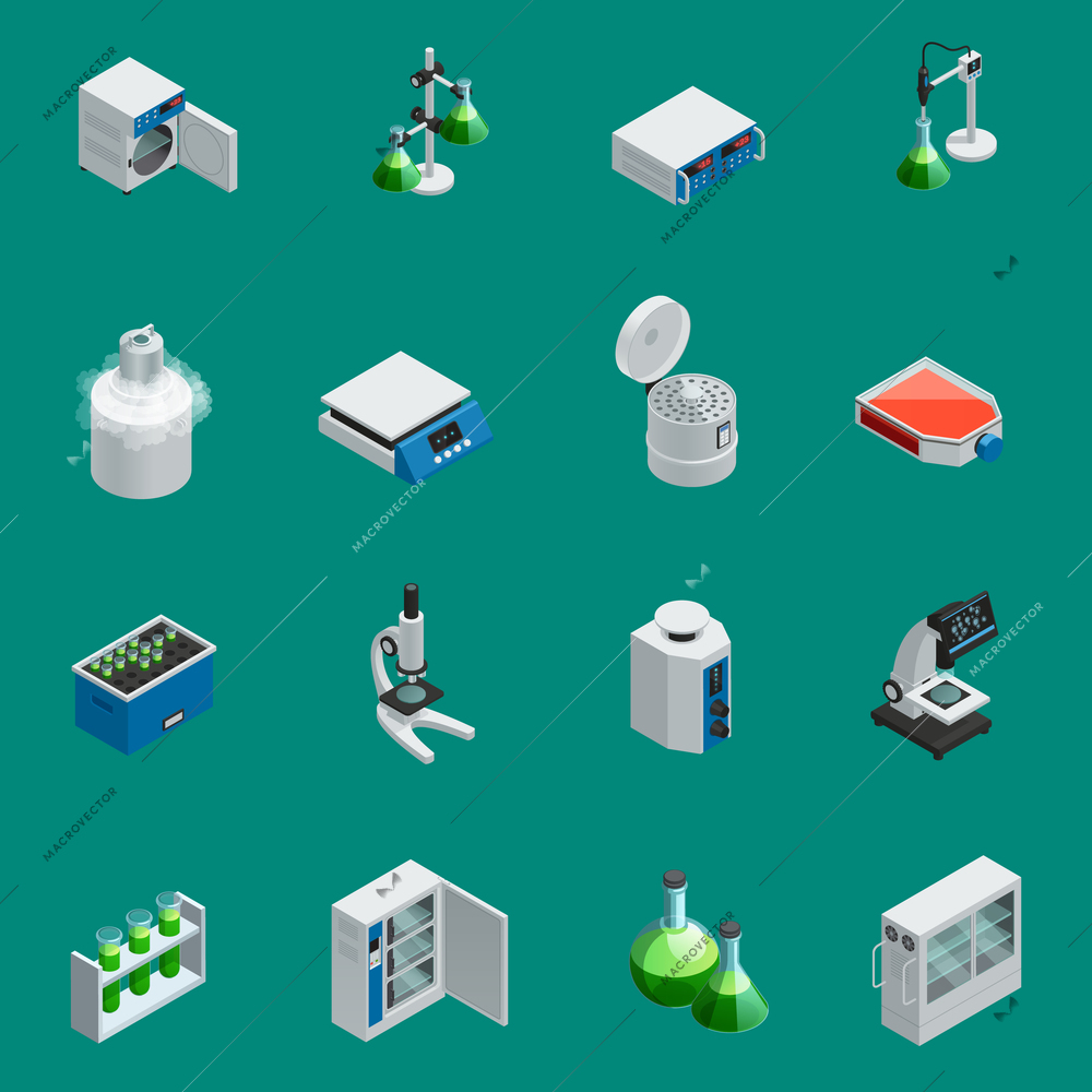 Scientific laboratory equipment isometric icons set with tools for natural research and highly technological devices isolated vector illustration