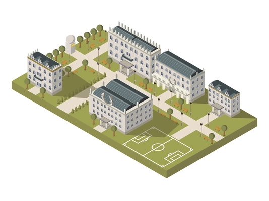 Isometric university campus concept with university sports ground and park vector illustration