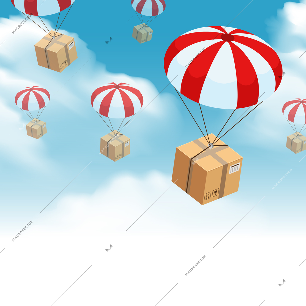 Parachute box delivery background with sky clouds and skydiving parcel with this side up fragile signs vector illustration