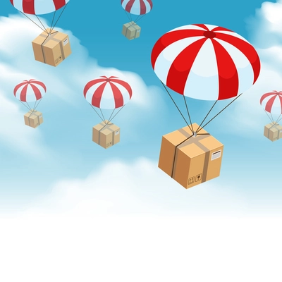 Parachute box delivery background with sky clouds and skydiving parcel with this side up fragile signs vector illustration