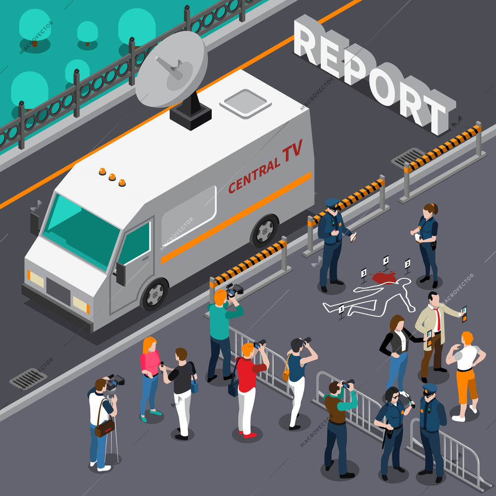 Reportage from murder scene design with photographers and cameramen detectives and police television car isometric vector illustration