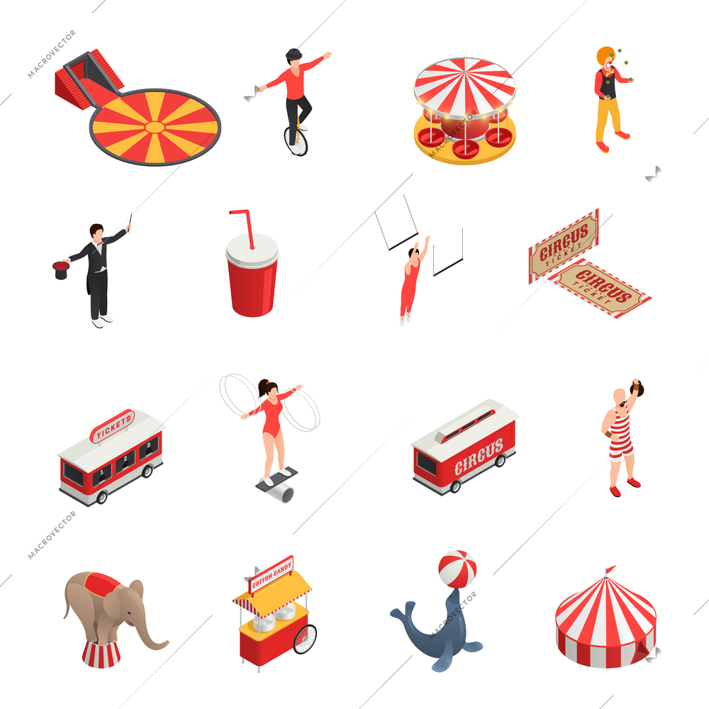 Circus isometric set of manege juggler clown acrobat trained animals tickets cola carousel decorative icons isolated vector illustration