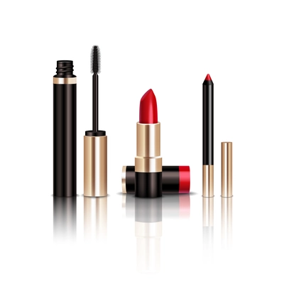 Makeup realistic items set with mascara and lipstick isolated vector illustration