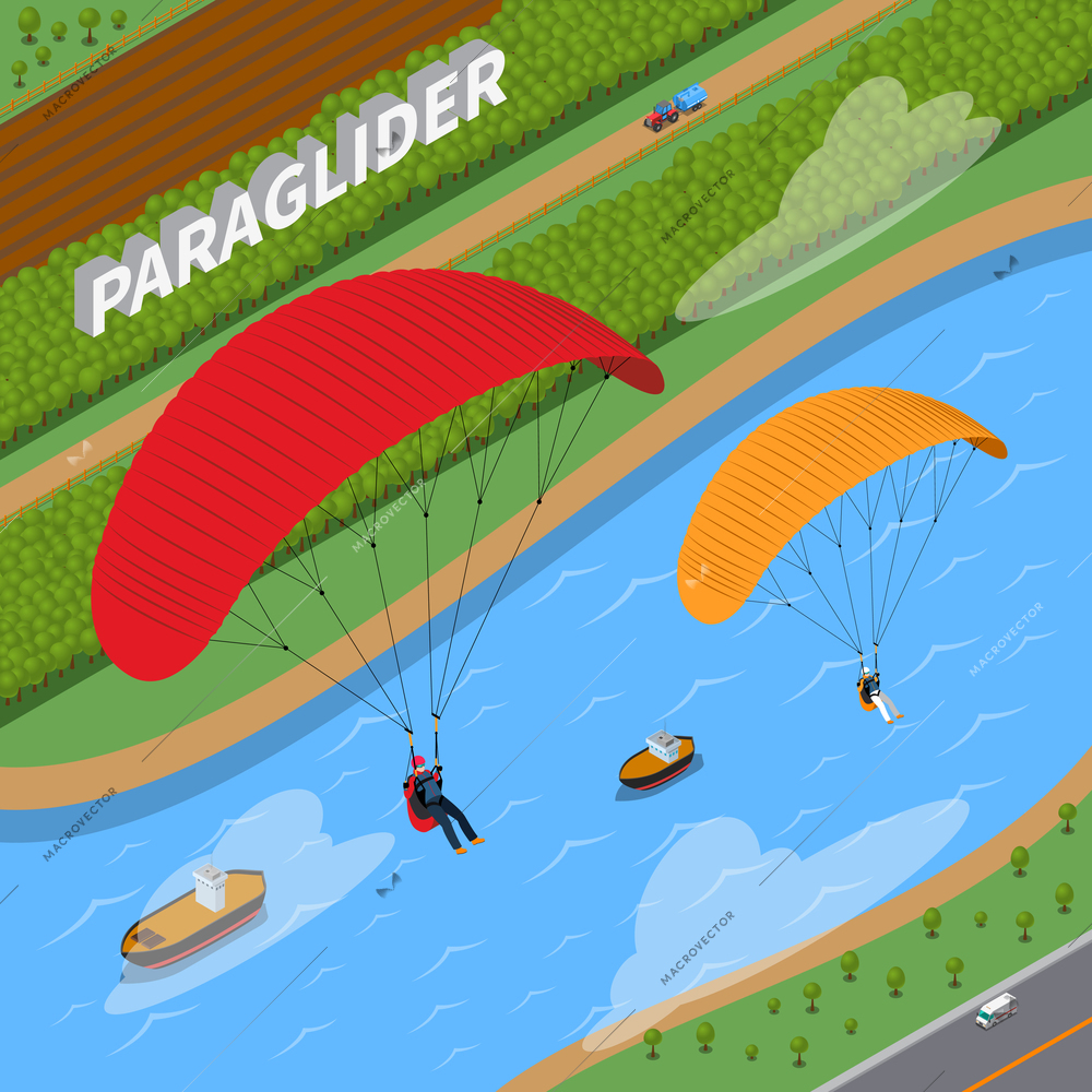 Flight on paraglider over river with boats and road with transportation in summertime isometric vector illustration