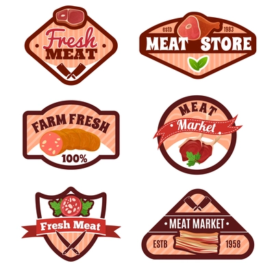 Meat market emblems set with butcher symbols flat isolated vector illustration