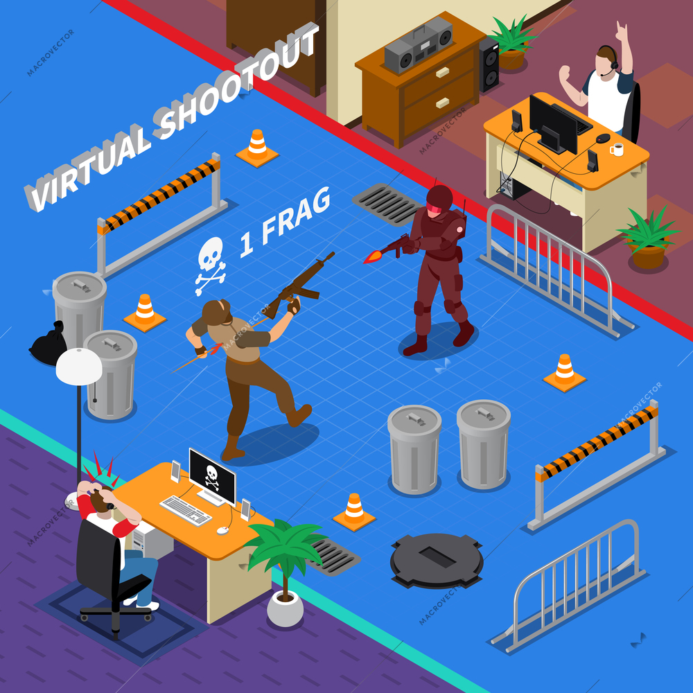 Cyber sport isometric composition including players near home computer and scene of virtual shooting 3d vector illustration