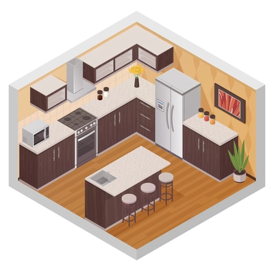 Kitchen modern interior design composition in isometric style with household equipment appliances and utensil flat vector illustration