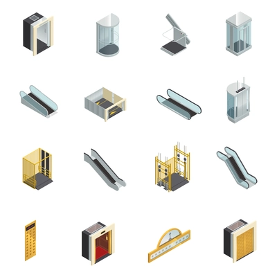 Elevator lift escalator isometric icons set with moving staircases elevator cabins and elements of different shape vector illustration