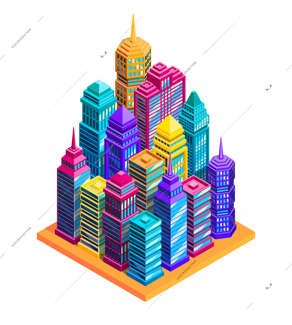 City buildings concept with bright skyscrapers and street isometric vector illustration