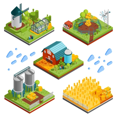 Farm rural buildings isometric compositions set with square segments of ranch reservation with plantations mills reservoirs vector illustration