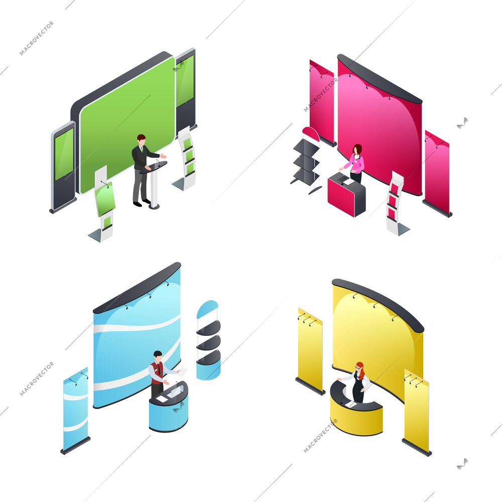 Isometric compositions with people and exhibition stands in various colors including banners and shelves isolated vector illustration