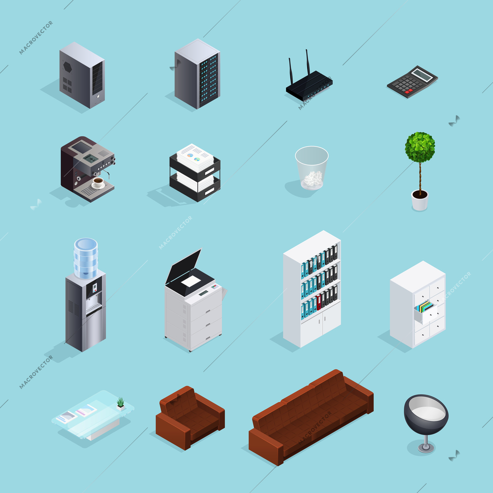 Colored office supplies isometric icon set with tools creating atmosphere in the office vector illustration