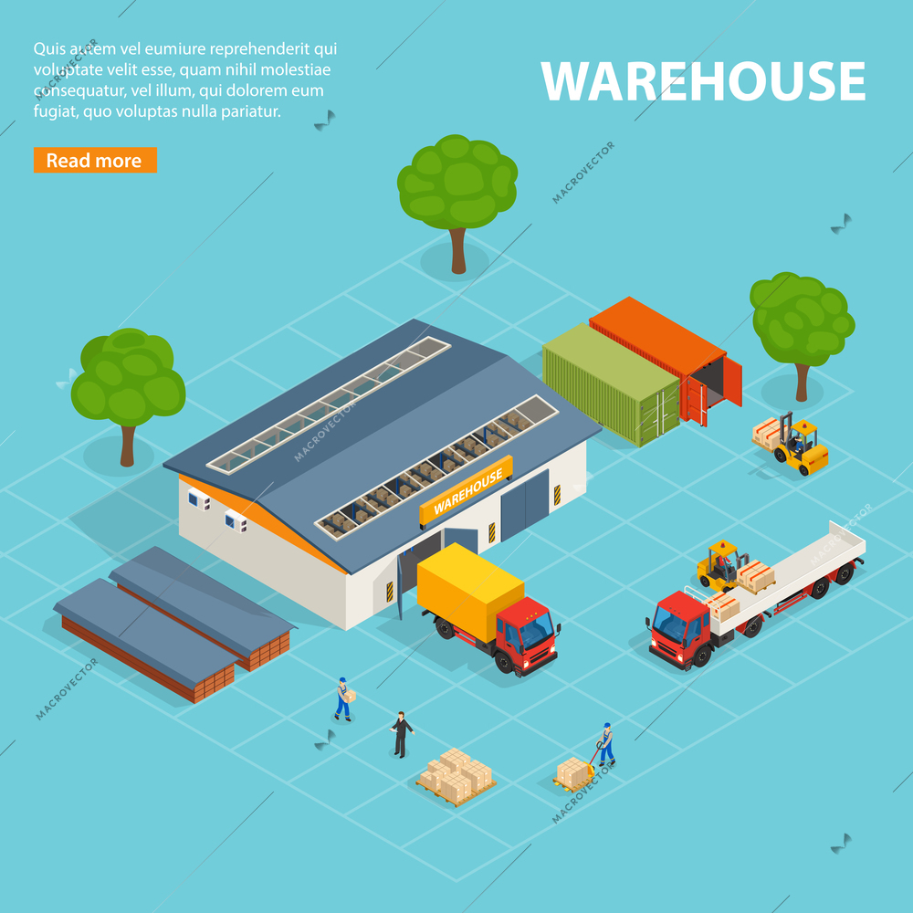 Warehouse top view isometric design concept with storage buildings cargo transport loaders and workers vector illustration