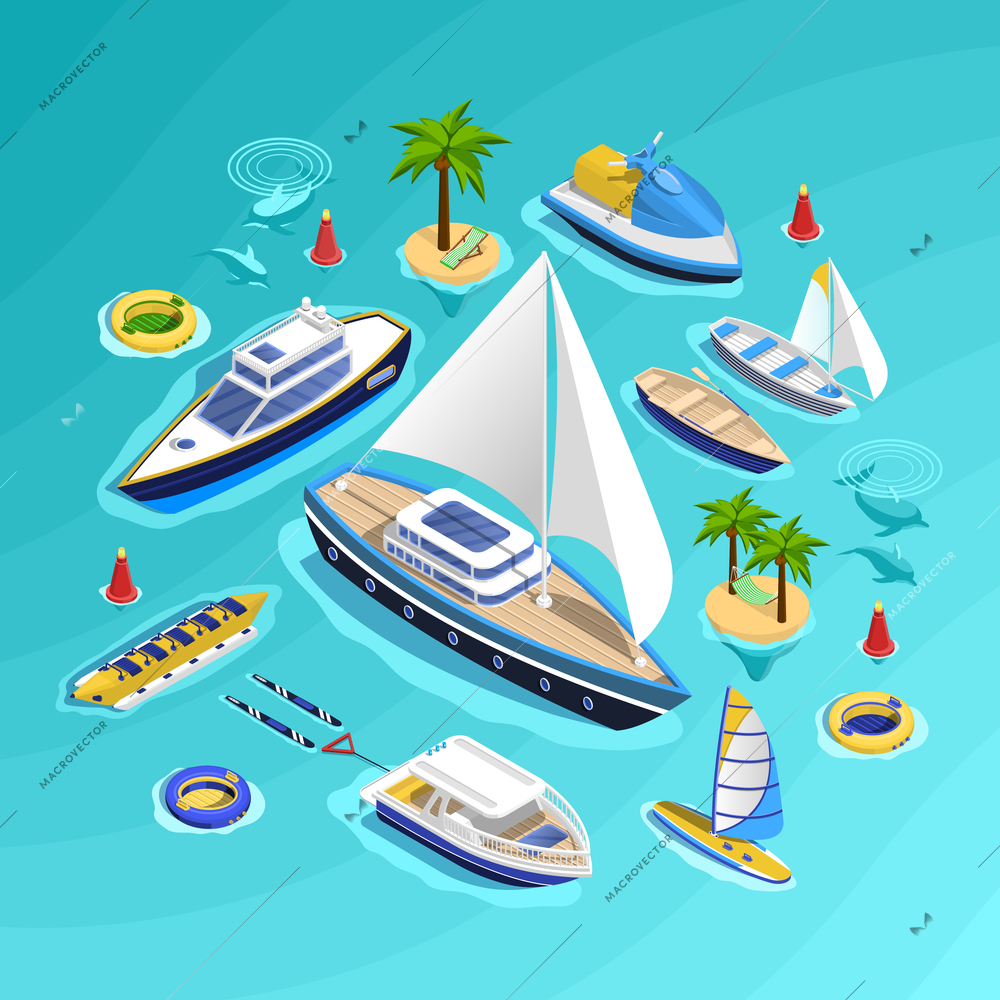 Sea tourism conceptual composition with set of water carriage vehicles inflatable boats water rides and palm islands vector illustration