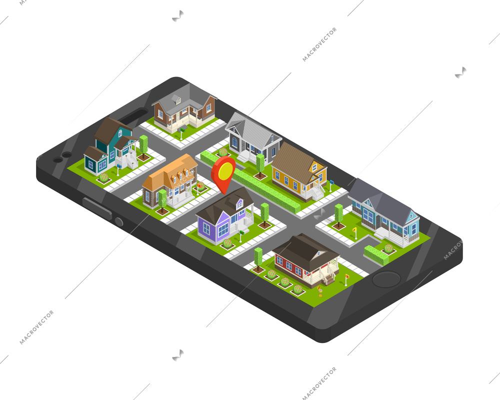 Town buildings isometric smartphone composition with cottage estate houses and location sign on top of gadget screen vector illustration