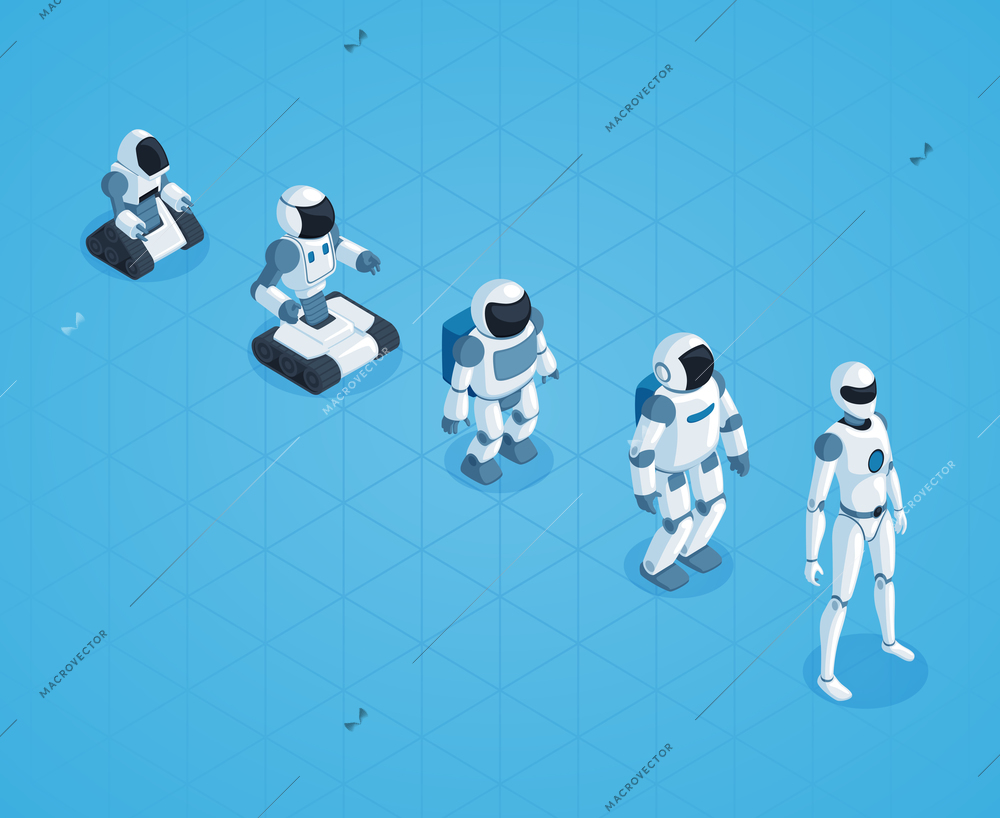 Evolution of robots isometric design with stages of androids development on textured blue background vector illustration